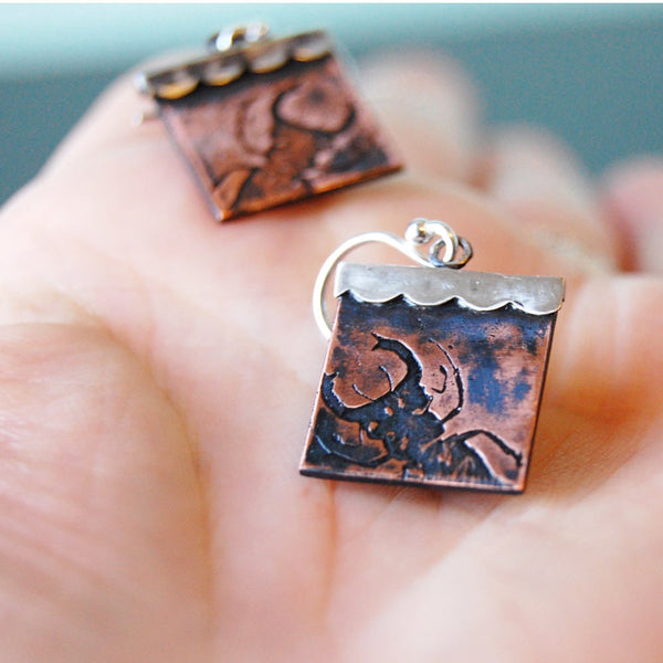 Stag Beetle Insect Jewelry Earrings in Sterling Silver & Copper