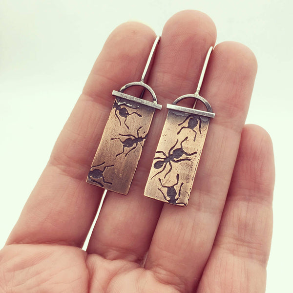 Copper and Sterling Silver Ant Dangle Insect Earrings