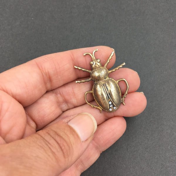 Brass and Rhinestone Scarab Beetle Insect Pin or Brooch