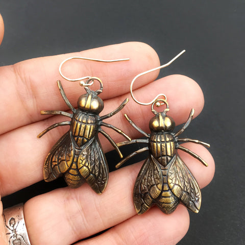 Brass Fly Insect Earrings