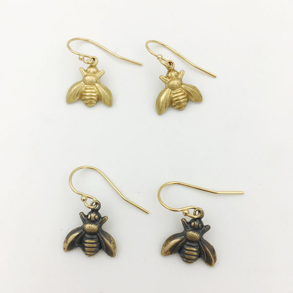 Brass and Gold Honeybee Insect Dangle Earrings