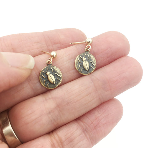 Brass and Gold Beetle Insect Coin Earrings