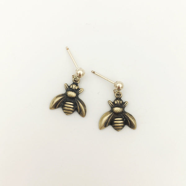 Brass and Gold Honeybee Dangle Post Insect Earrings