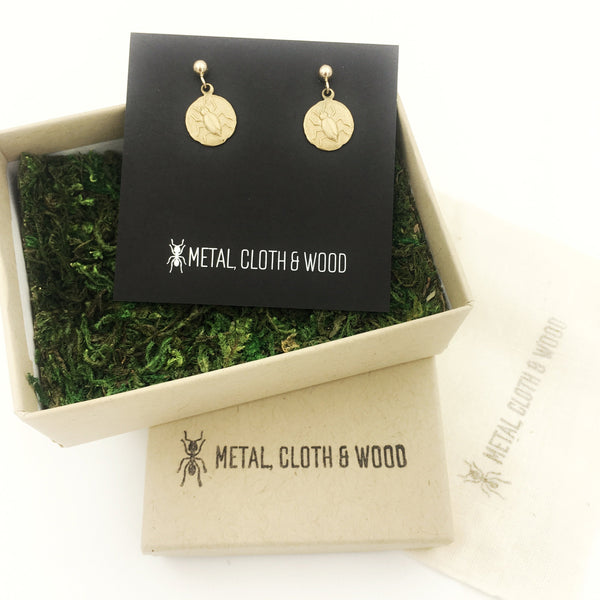 Brass and Gold Beetle Insect Coin Earrings