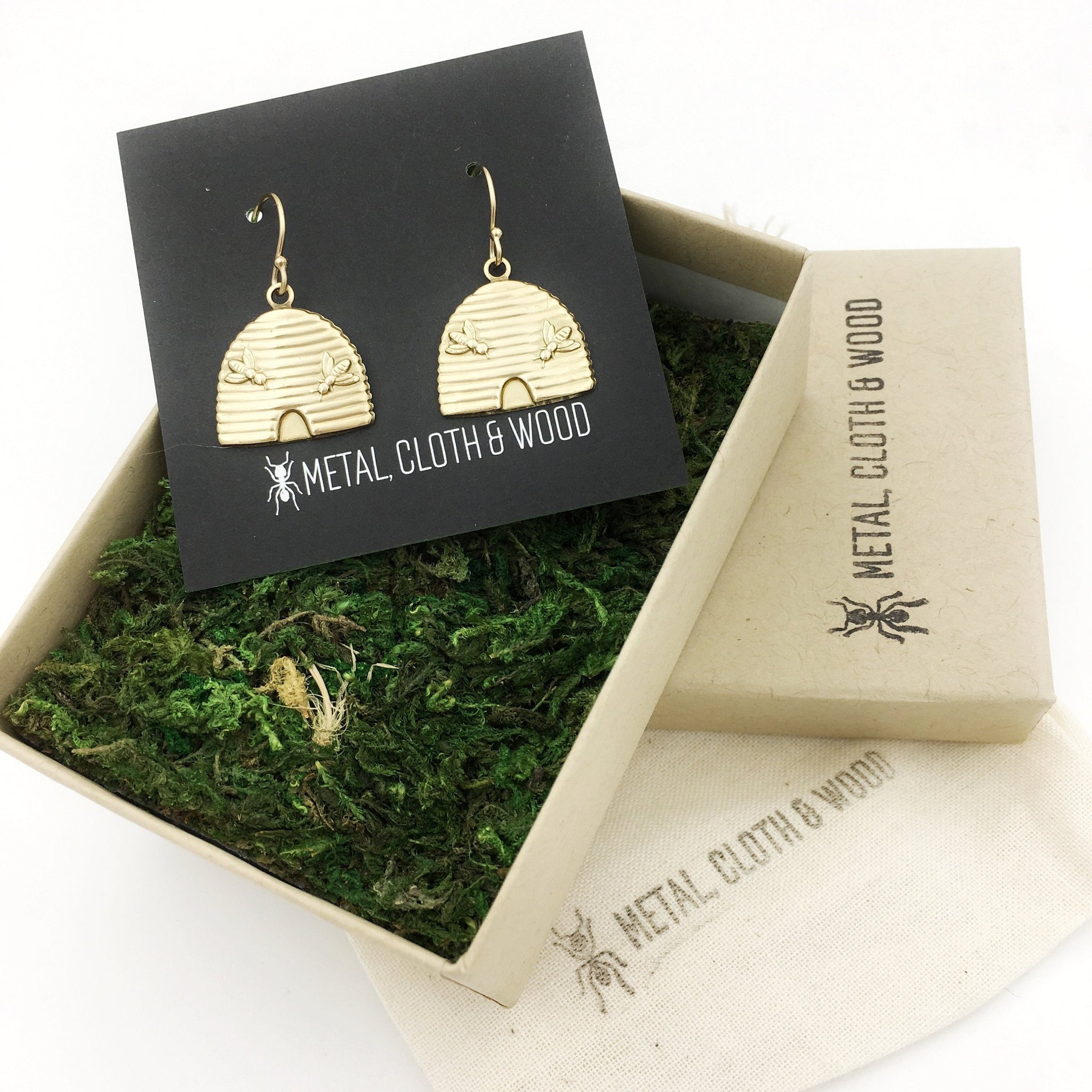 Brass and Gold Beehive Insect Earrings
