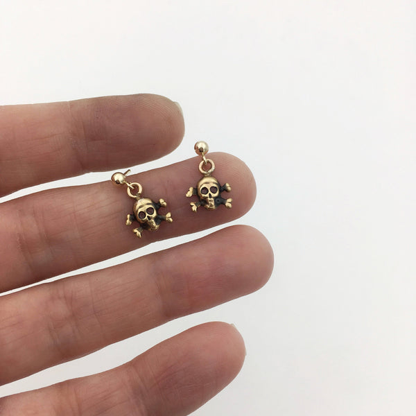 Gold Filled Post Earrings with Tiny Dangling Brass Skull and Crossbones Charms!