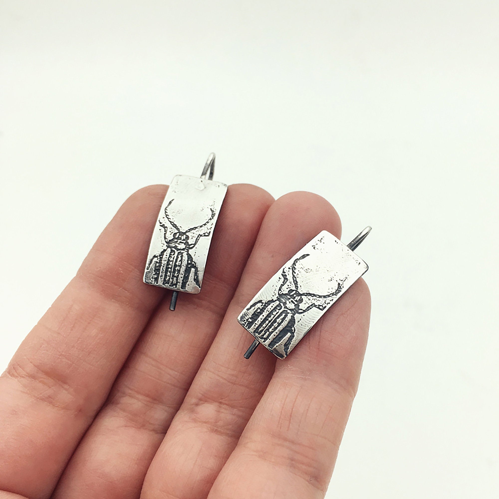 Handmade Sterling Silver Beetle Insect Earrings
