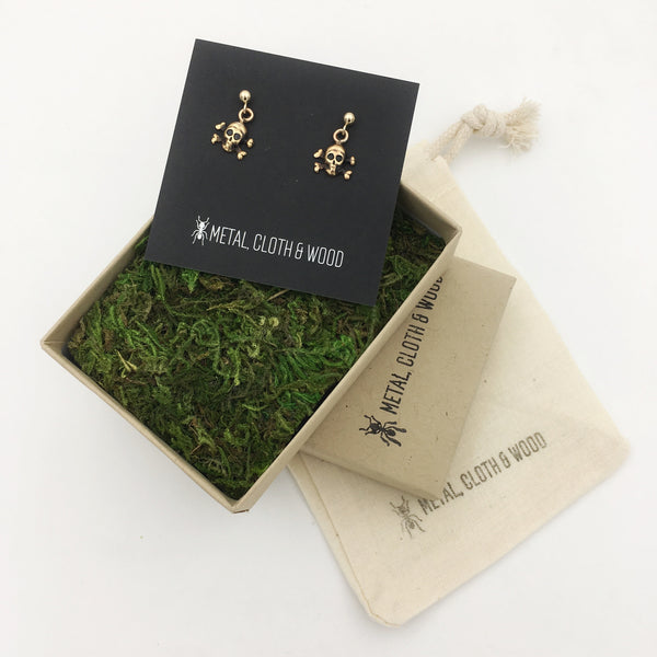 Gold Filled Post Earrings with Tiny Dangling Brass Skull and Crossbones Charms!