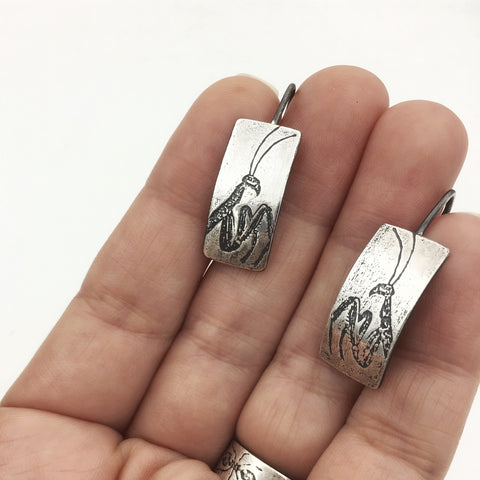 Handmade Sterling Silver Praying Mantis Insect Dangle Earrings