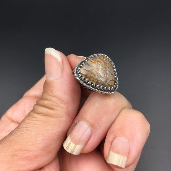 Handmade OOAK Sterling Silver Fossilized Dinosaur Bone Ring with Trillion Natural Fossil Dino Bone Cabochon