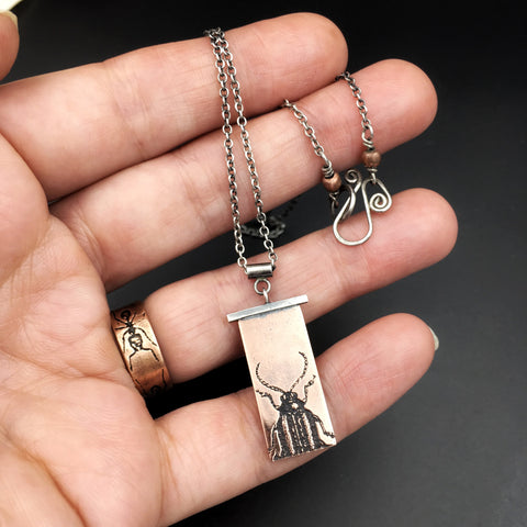 Handmade Sterling Silver and Copper Beetle Insect Necklace