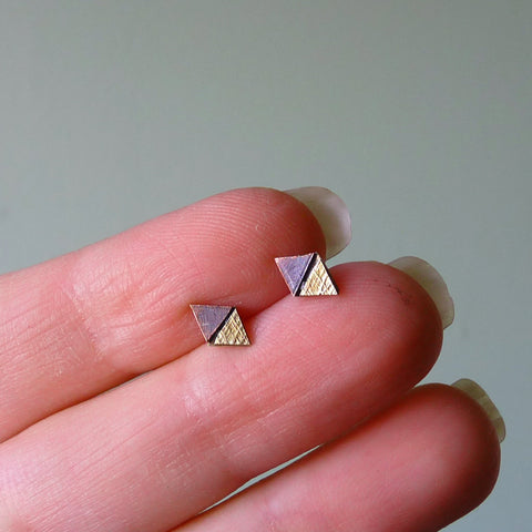 Copper, Brass, & Sterling Silver Tiny Triangles Geometric Metalwork Stud Earrings