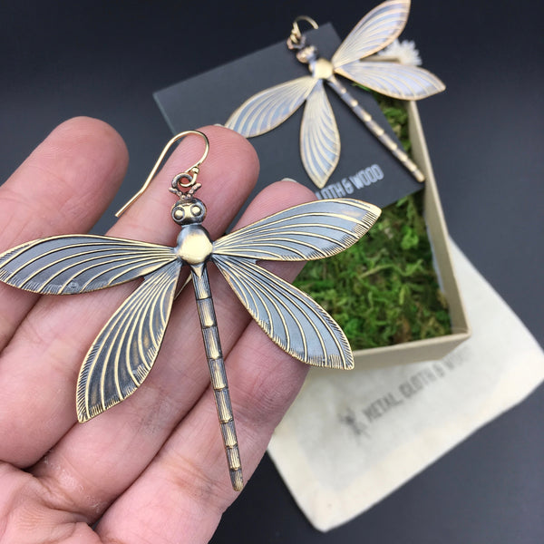 Brass Dragonfly Insect Earrings -- Available in Antiqued or Bright Gold!