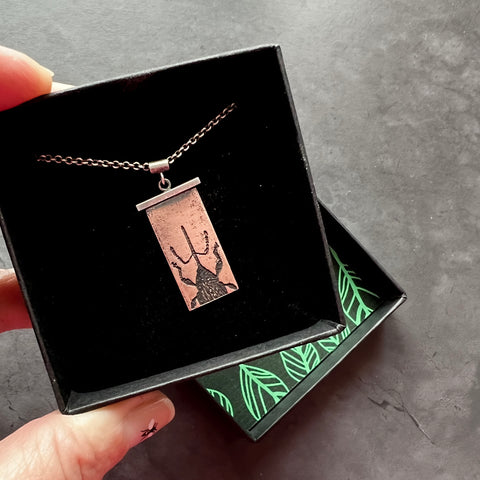 Handmade Nut Weevil Insect Necklace in Sterling Silver & Copper