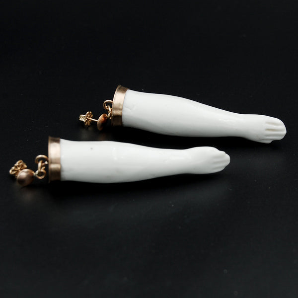 Handmade Large Gold Filled OOAK Hand Earrings Featuring Antique Porcelain Doll Arms