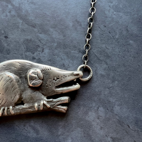 Sterling Silver Hand Carved Opossum Necklace Featuring Hand Fabricated Toggle and Textured Cable Chain -- Possum Statement Necklace