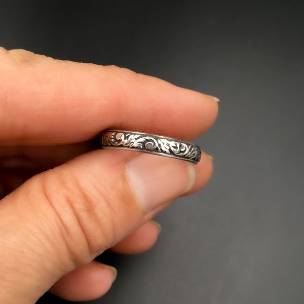 Handmade 3.5mm Sterling Silver Victorian Fern Fiddlehead Botanical Patterned Ring Band