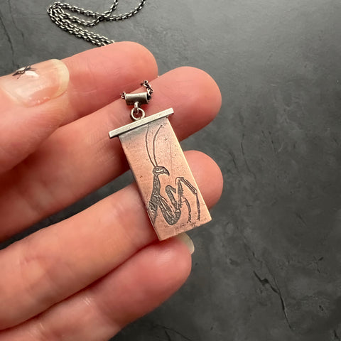 Customizable, Handmade Praying Mantis Necklace in Sterling Silver and Copper — Perfect for Entomologists,  Insect Lovers, and Gardeners!