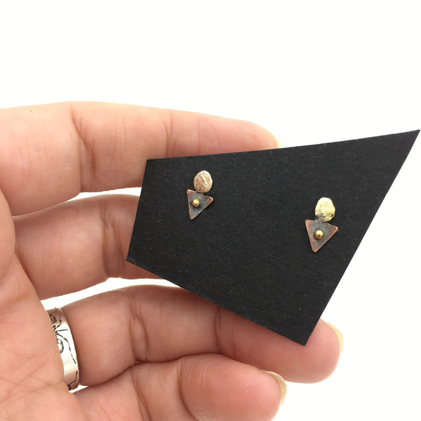 Sterling Silver, Brass and Copper Triangle Minimalist Stud Earrings