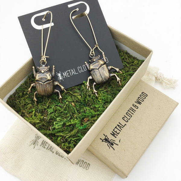 Brass and Gold Scarab Beetle Insect Earrings