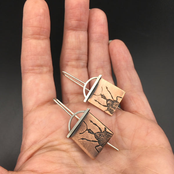 Handmade Copper and Sterling Silver Weevil Insect Earrings