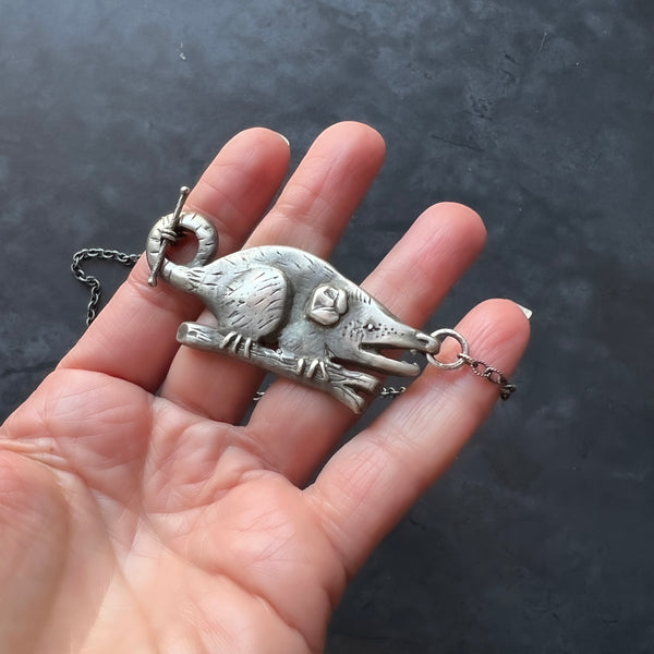 Sterling Silver Hand Carved Opossum Necklace Featuring Hand Fabricated Toggle and Textured Cable Chain -- Possum Statement Necklace