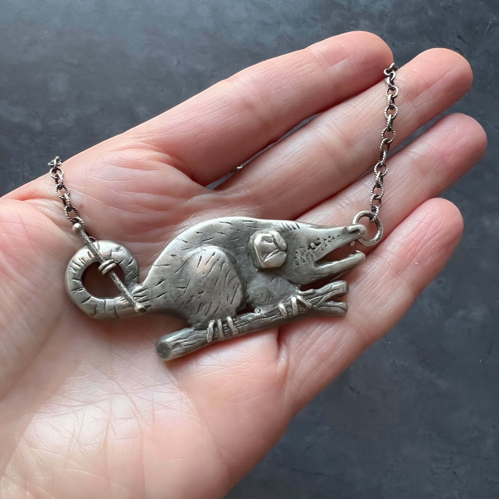 Made to Order Handcrafted Silver Hissing Opossum Statement Necklace with Toggle Closure