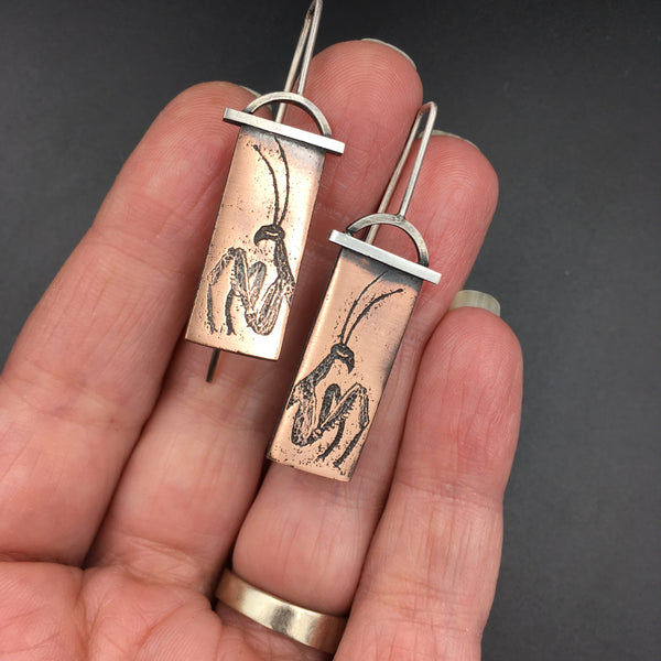 Unique Sterling Silver and Antiqued Copper Praying Mantis Earrings for Insect Jewelry Lovers
