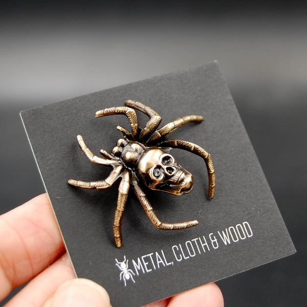 Handmade Spooky Spider Pin with Human Skull, Unique Brooch Perfect for Halloween Active