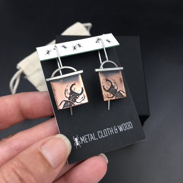 Handmade Stag Beetle Earrings in Copper & Sterling Silver, Handmade Insect Jewelry, Stag Beetle Jewelry, Gift for Entomologist