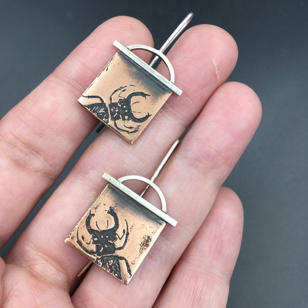 Handmade Stag Beetle Earrings in Copper & Sterling Silver, Handmade Insect Jewelry, Stag Beetle Jewelry, Gift for Entomologist