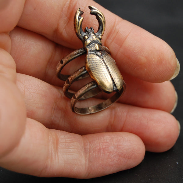 Sterling Silver and Brass Stag Beetle Insect Statement Ring -- Sizes 5 through 10 Available