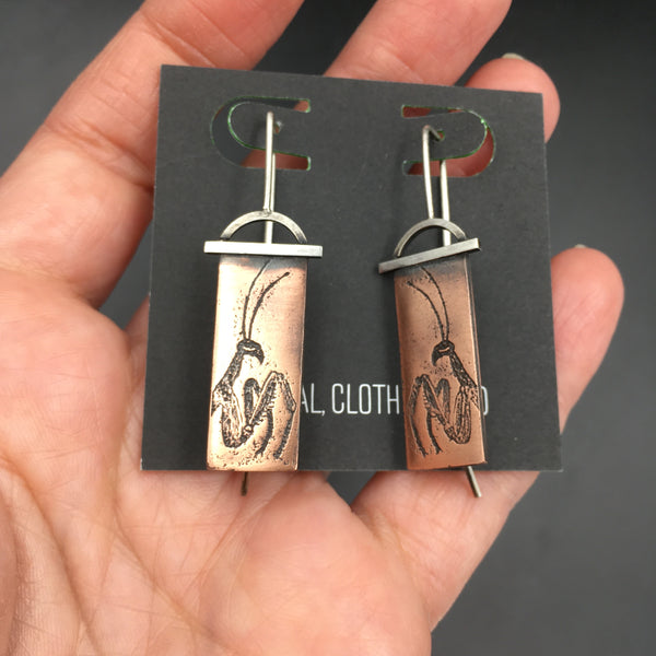 Unique Sterling Silver and Antiqued Copper Praying Mantis Earrings for Insect Jewelry Lovers
