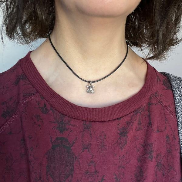 Adjustable Vegan Choker with Tiny Sterling Silver Moth Fly Insect Charm — 13" Choker with 3" Sterling Silver Extension Chain
