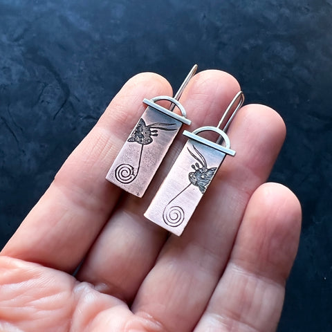 Handmade Moth Face Insect Jewelry Earrings in Antiqued Copper & Sterling Silver, for Moth Lovers and Nature Lovers Alike!